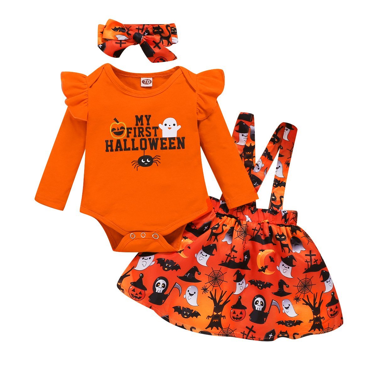 Letter print one-piece and Halloween print suspender skirt and headband 3 pieces set  wholesale