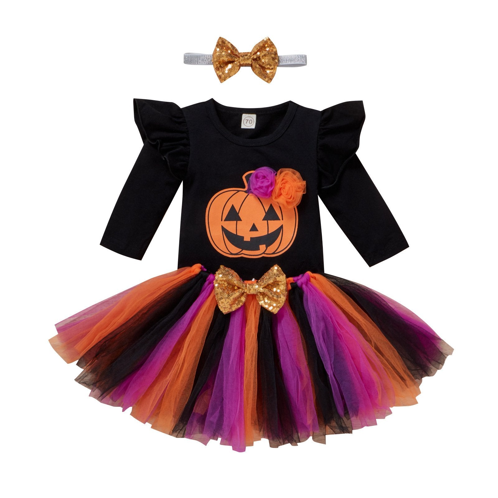 Halloween black romper printed smiley face pumpkin mesh skirt three-piece wholesale