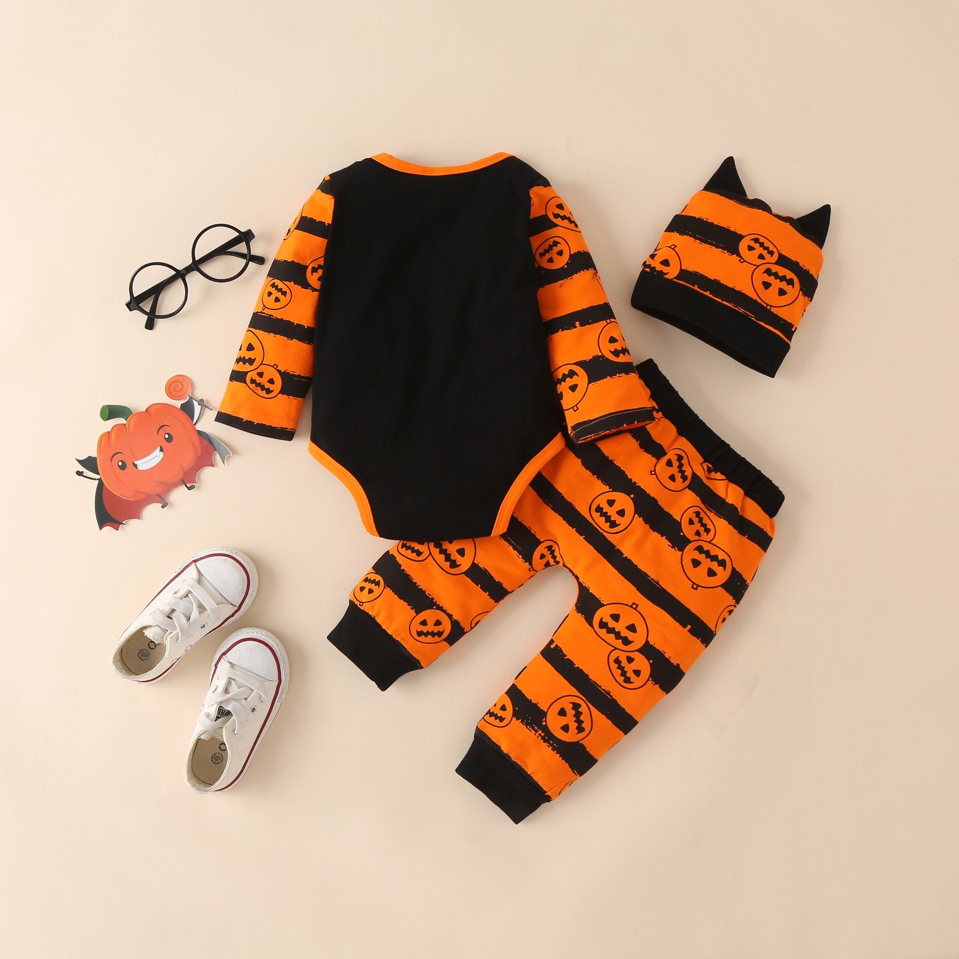 Halloween pumpkin print long sleeve romper trousers and hat 3-piece suit wholesale