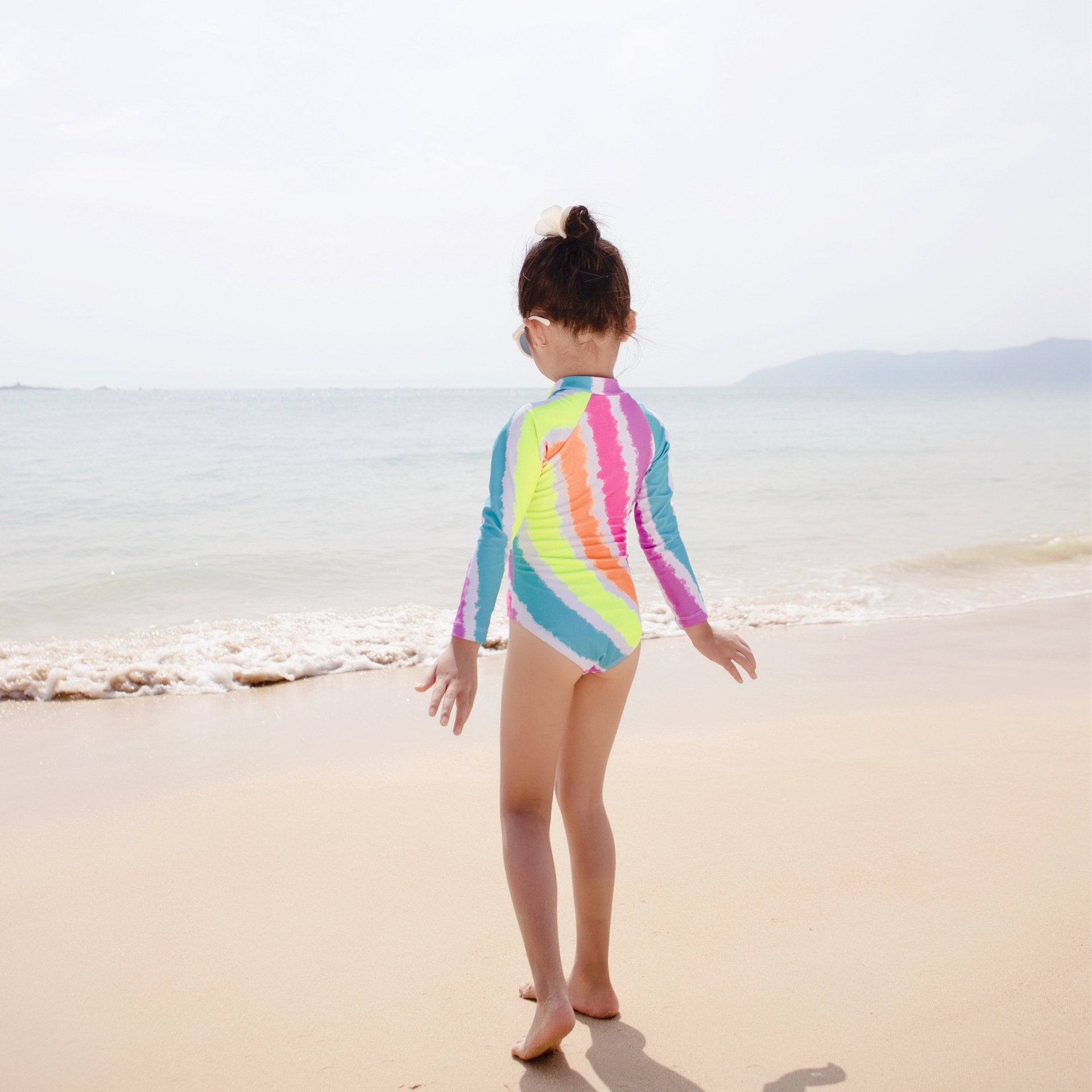 Girls Swimsuit Rainbow Striped Long-sleeved Sunscreen Children's One-piece Swimwear