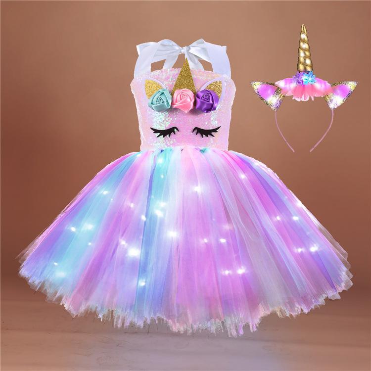 Soyoekbt Girls Unicorn Costume LED Light Up Princess Dress Party Outfit Halloween Tutu Dress with Headband Wholesale