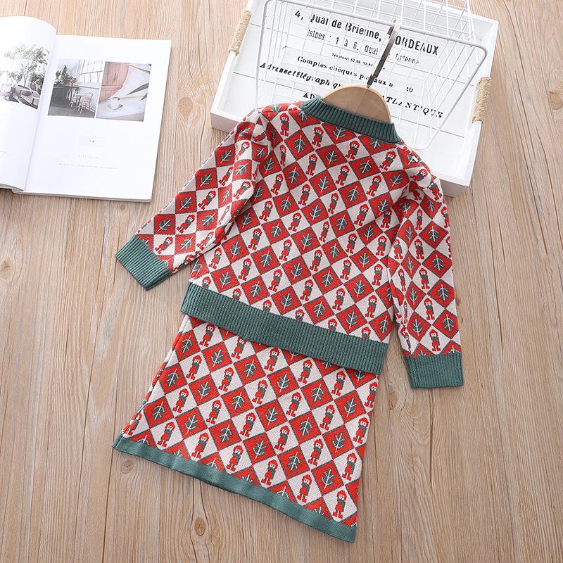 Girls' knitted diamond sweater jacket & strap skirt two-piece wholesale