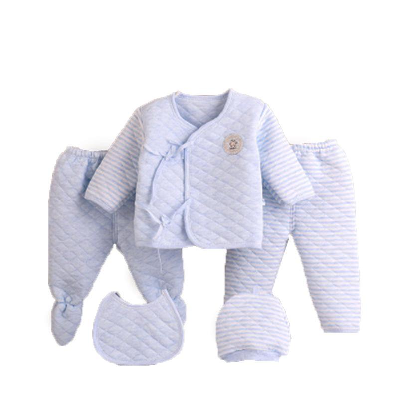 Newborn cotton three-layer warmth thickening 2 pairs of trousers&cardigan top& hat& bib five-piece wholesale