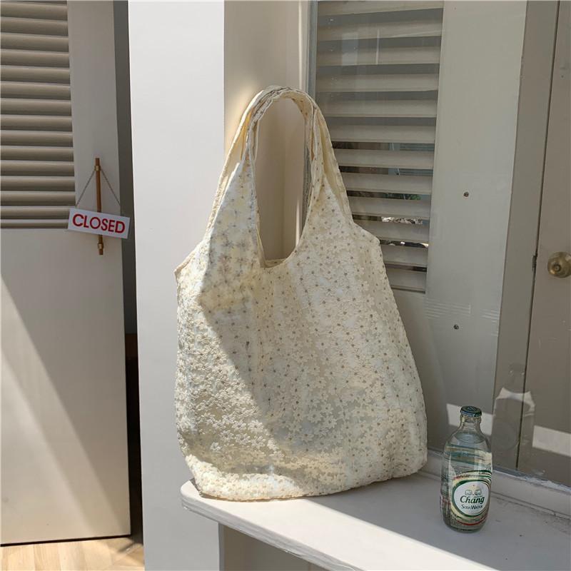 MOQ 6PCS Flower lace one-shoulder portable canvas bag Wholesale