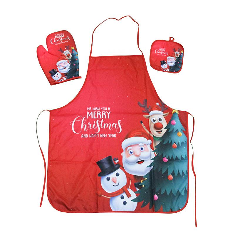 MOQ:3Packs Christmas cloth apron and heat insulation gloves and heat pad three-piece set wholesale