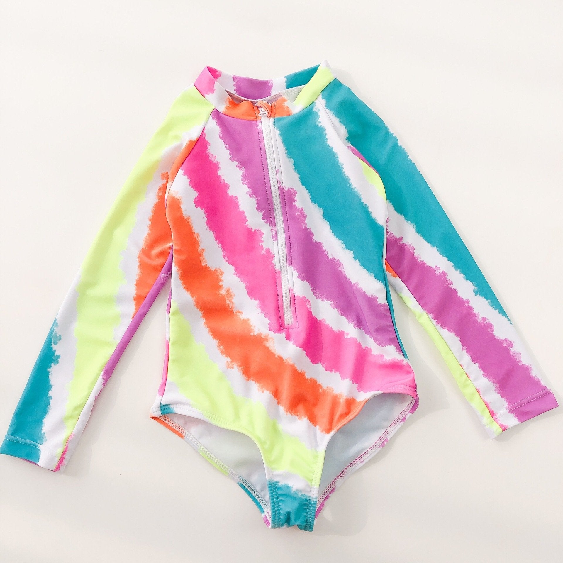 Girls Swimsuit Rainbow Striped Long-sleeved Sunscreen Children's One-piece Swimwear