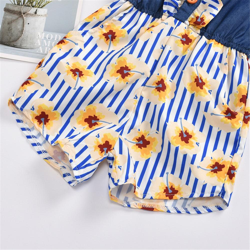 Girls Flying Sleeve Striped Flower Printed Jumpsuit Wholesale Girls Clothing