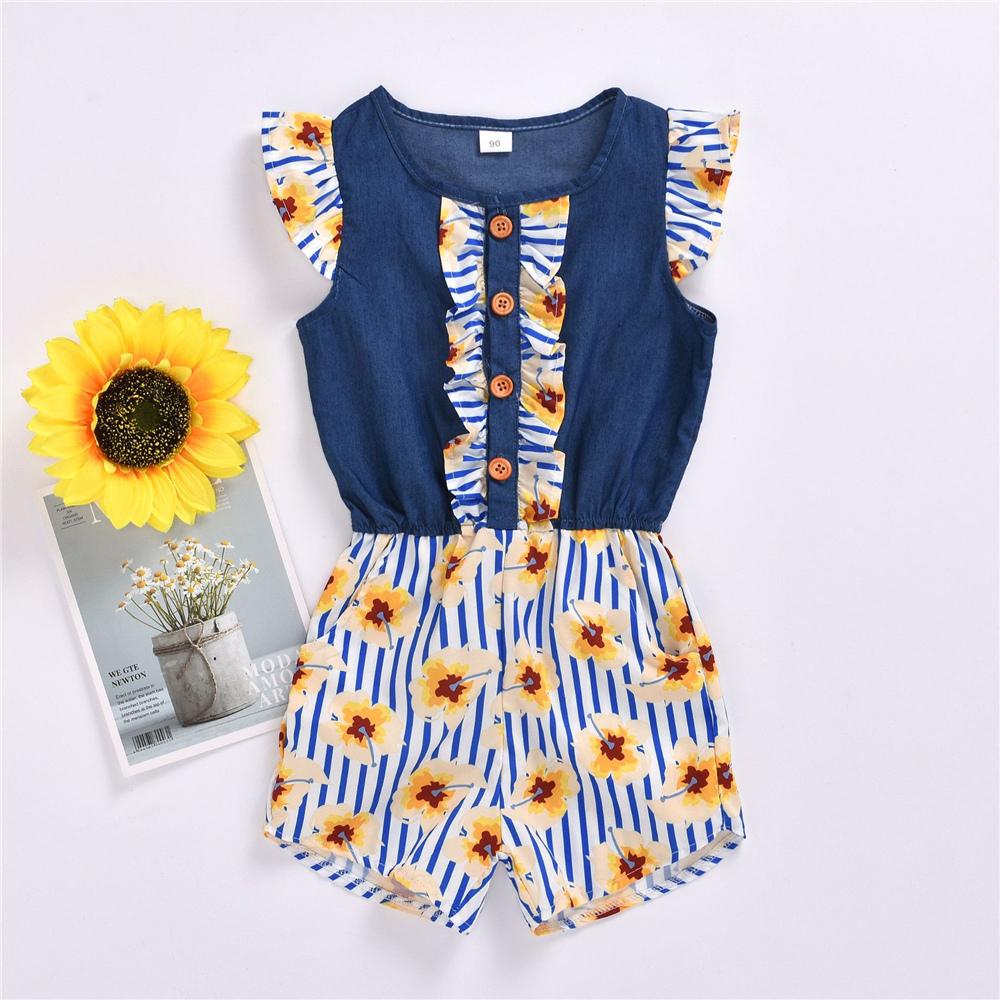 Girls Flying Sleeve Striped Flower Printed Jumpsuit Wholesale Girls Clothing