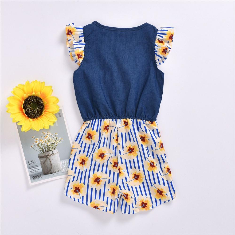 Girls Flying Sleeve Striped Flower Printed Jumpsuit Wholesale Girls Clothing