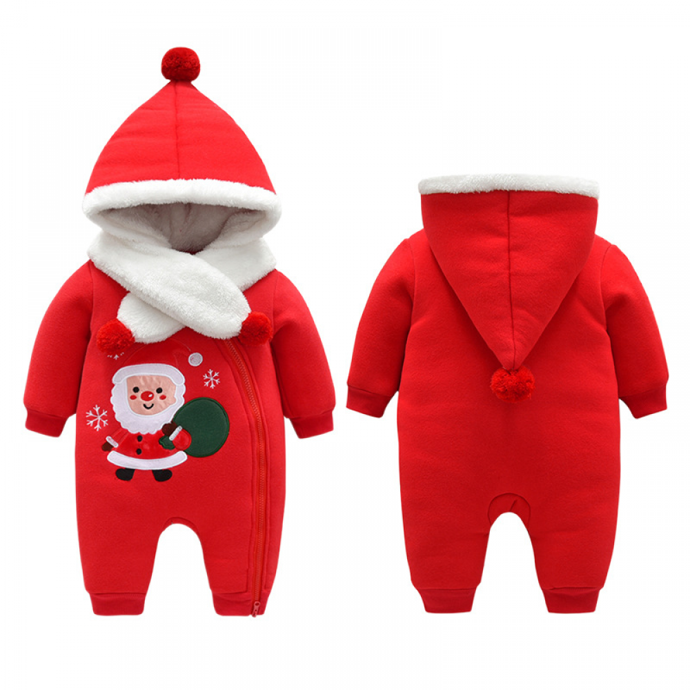 Baby Boys Santa's Embroidered Hoodie Three-Layer Cotton Jumpsuit Baby Clothing Cheap Wholesale
