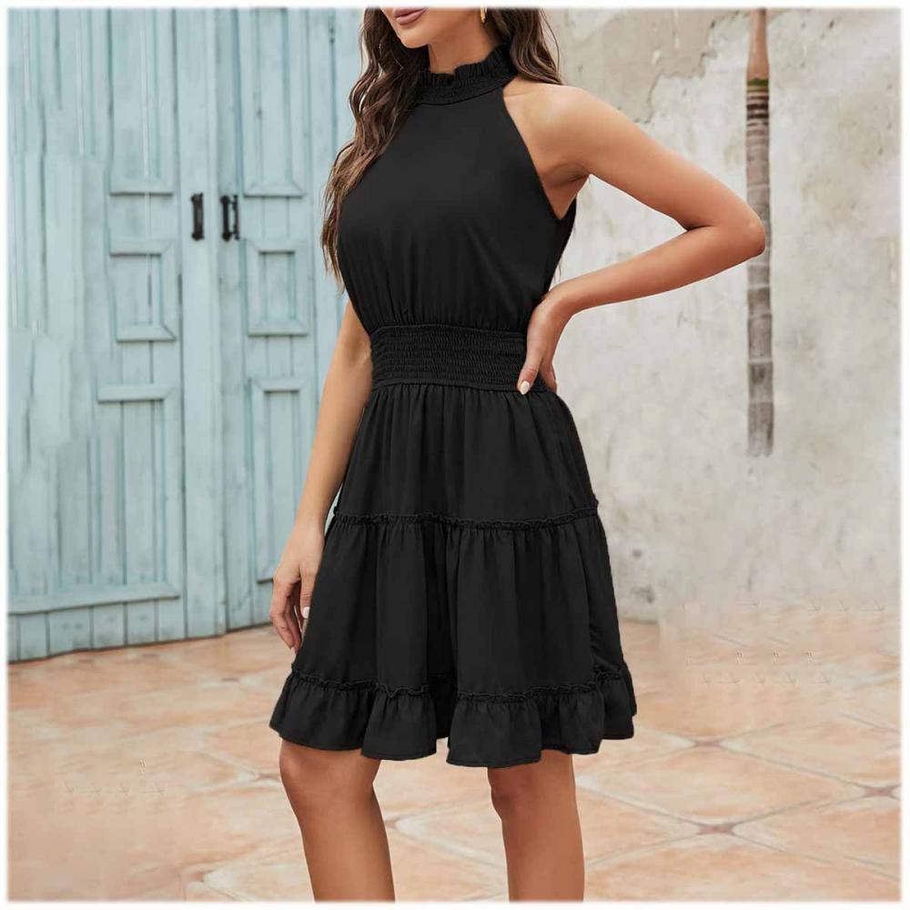 2022 Spring And Summer New Women's Dress Solid Color Sleeveless Halter Neck Pleated Dress Women Wholesale Women Dress