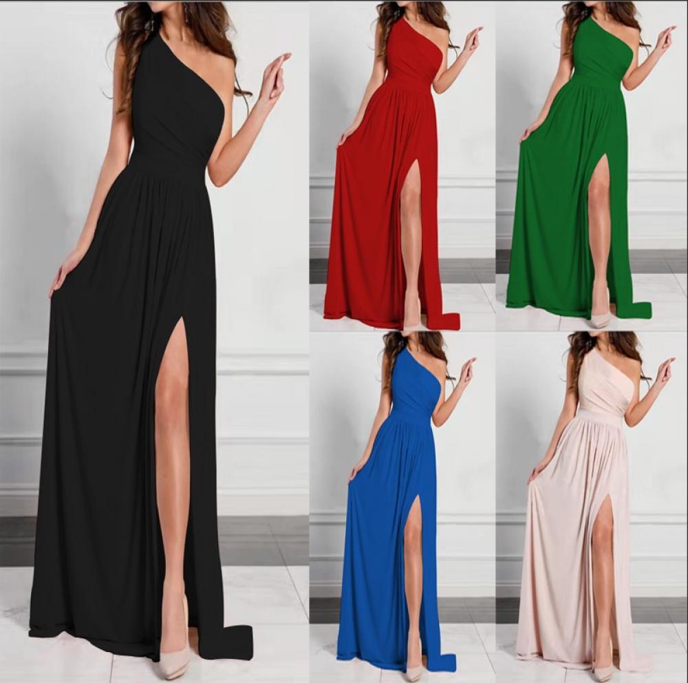 Women Slant Shoulder Dress Temperament Sleeveless Sexy Slit Dress Wholesale