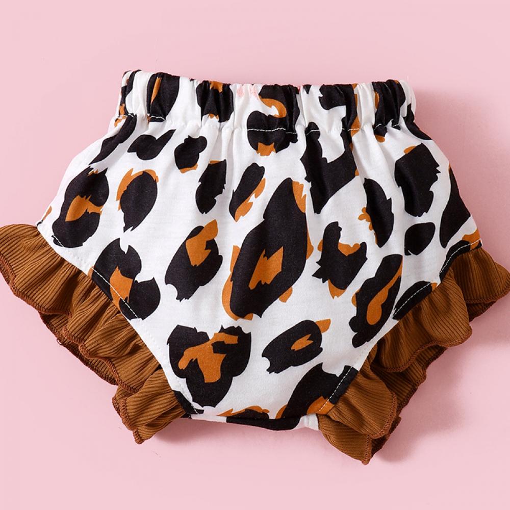 Newborn Baby Girls Summer Solid Brown Fly Sleeve Romper And Leopard Shorts Set Wholesale Baby Clothes In Bulk