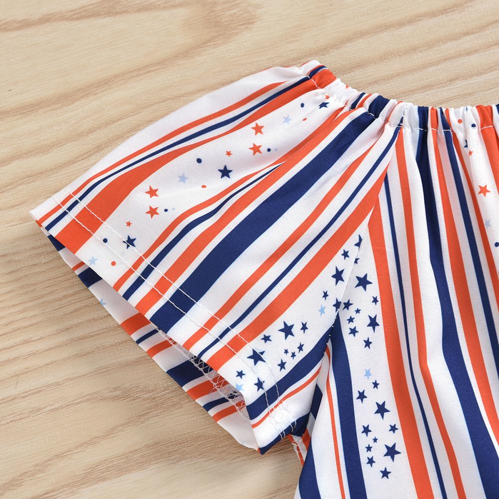 Summer 1-6 Years Old Girls' Independence Day Short-Sleeved Striped Top + Denim Stitching Shorts 2-Piece Set Wholesale Kids Clothing