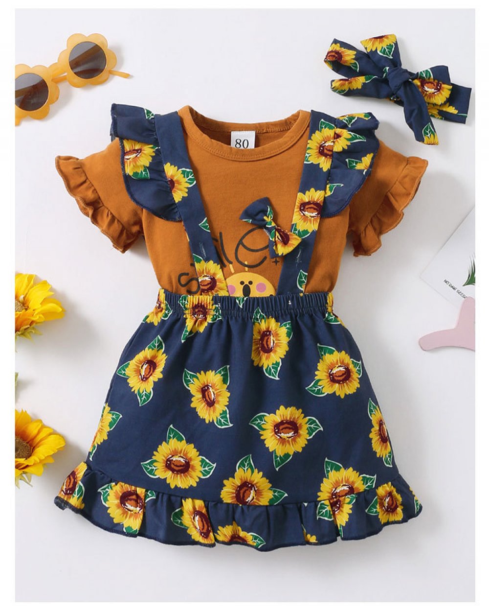 Baby Girls Summer Smile Romper Sunflower Suspenders Skirt Set Wholesale Baby Girl Clothes