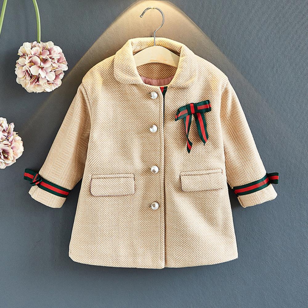 Girls Button Long Sleeve Woollen Coat Wholesale Little Girl Clothing