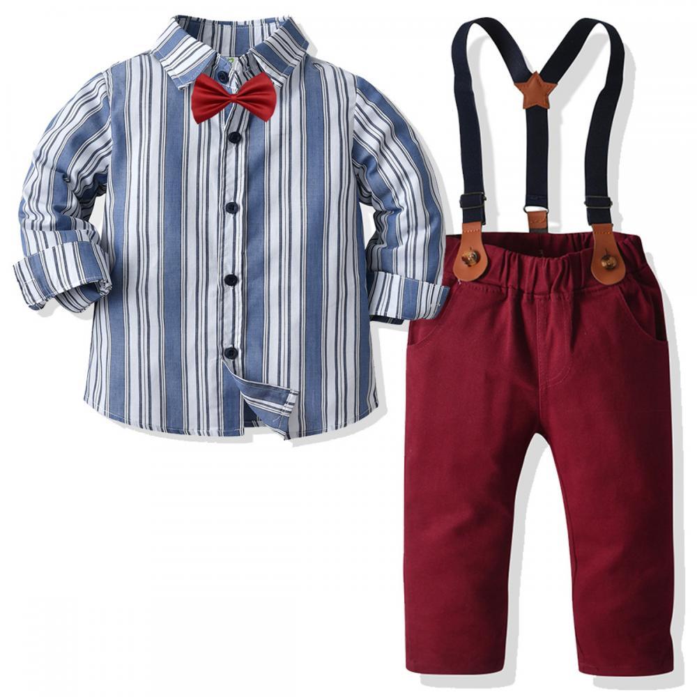 Spring/autumn Boys Long Sleeve Striped Cotton Shirt Gentleman Suspenders Trouser Suit Boy Clothes Wholesale
