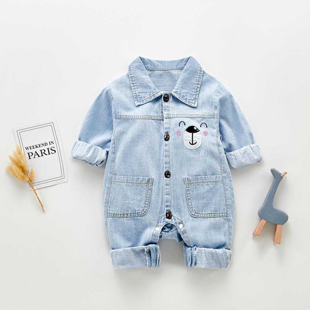 Baby Boys Autumn Cartoon Cute Soft Denim Jumpsuit Babywear Wholesale