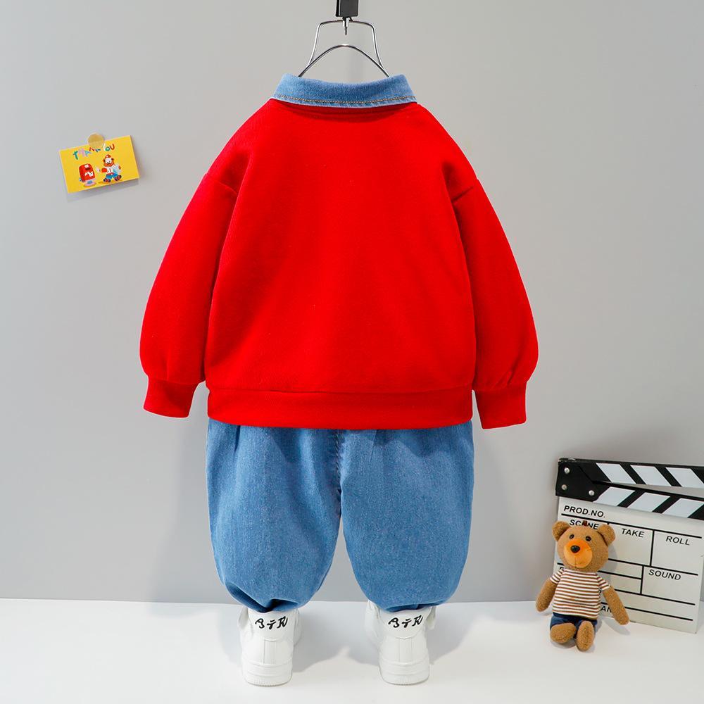 Boys Long Sleeve Cartoon Lapel Hoodie Trousers Set Baby Wholesales