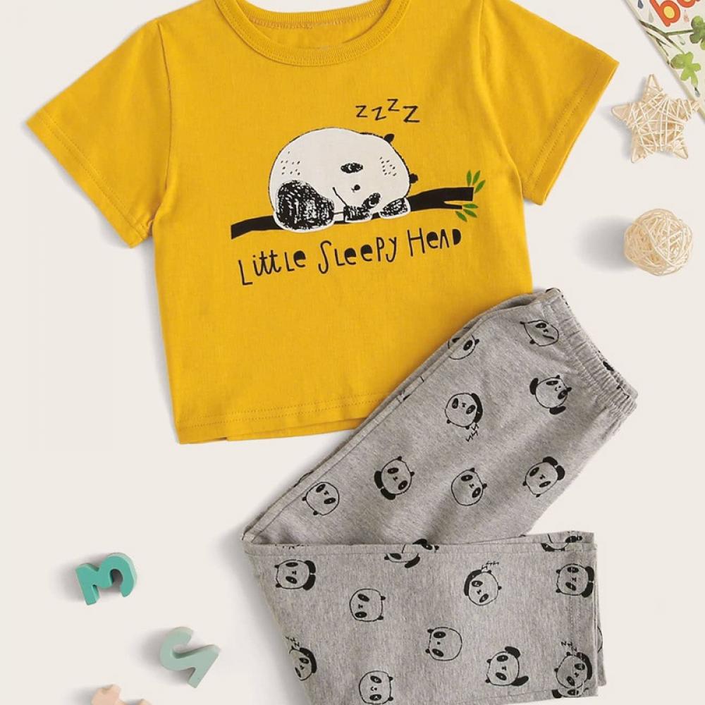 Boys' Panda Letter Print Round Neck Short Sleeve T-shirt & Panda Print Pants Wholesale Boys Clothing Suppliers