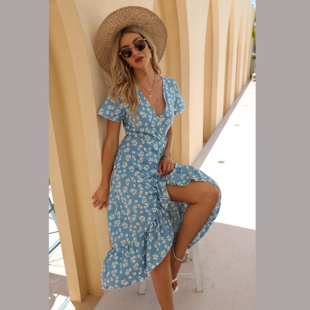 2022 Summer New Sexy Chiffon Print V-neck Dress Ruffled Beach Skirt Midi Dress For Women Wholesale Women Dress