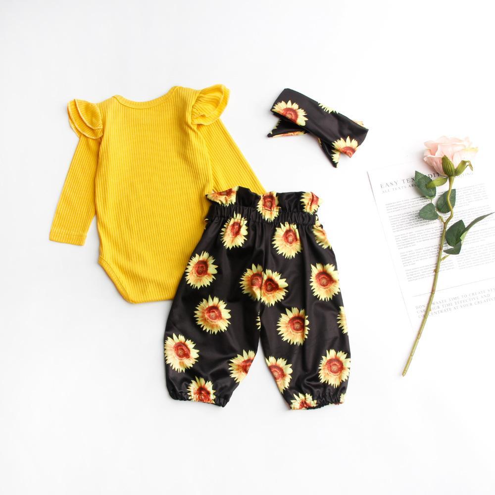 Baby Girls Long Sleeve Top Floral Pants Three-piece Set Baby Boutique Clothes Wholesale