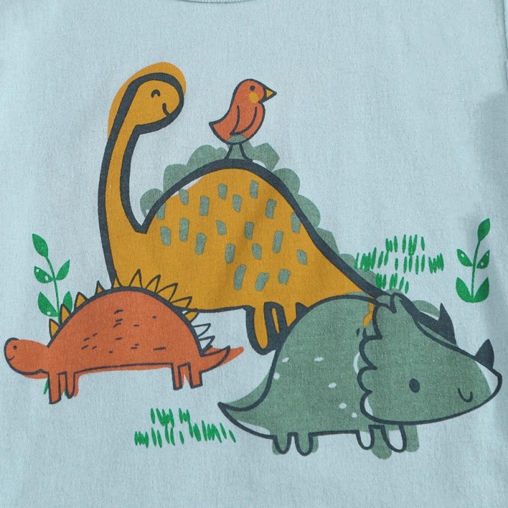 Boys' Dinosaur Print Round Neck Short Sleeve T-shirt & Plaid Shorts Wholesale Boy Clothes