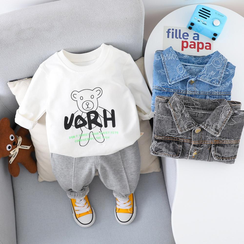 Baby Boys Spring/Autumn Long-sleeve Bear Printed Denim Coat Set Baby Wholesales