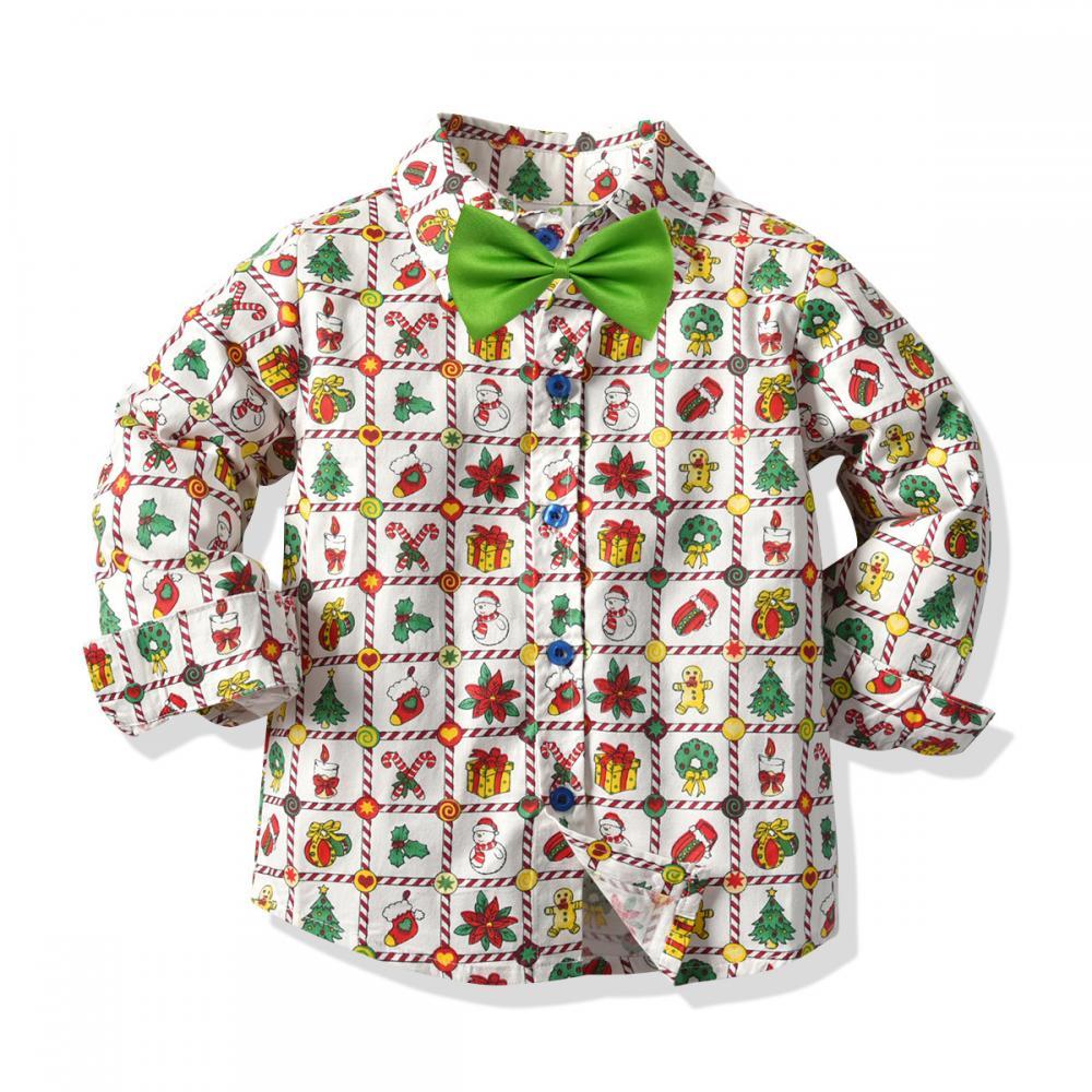 Boys Long Sleeve Christmas Printed Shirt and Suspenders Set Christmas Baby Clothes