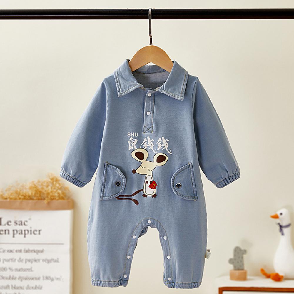 Baby Boys Autumn Cartoon Cute Soft Denim Jumpsuit Babywear Wholesale