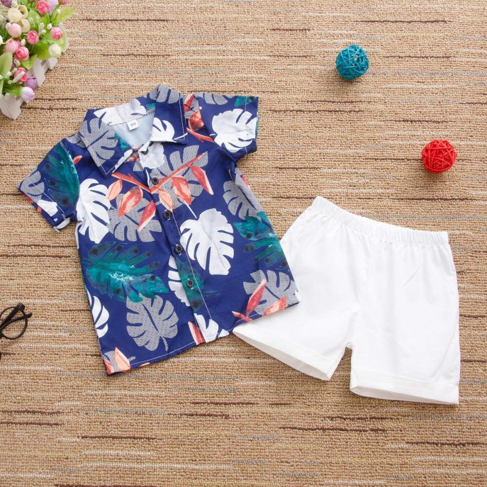 Boys' Leaf Print Lapel Short Sleeve Shirt & Solid Shorts Little Boys Wholesale Clothing
