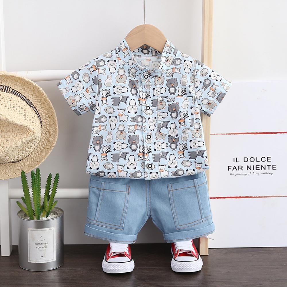 0-4Y Toddler Boys Summer Bear Printed Top and Jeans Shorts Set Wholesale Toddler Boy Clothes