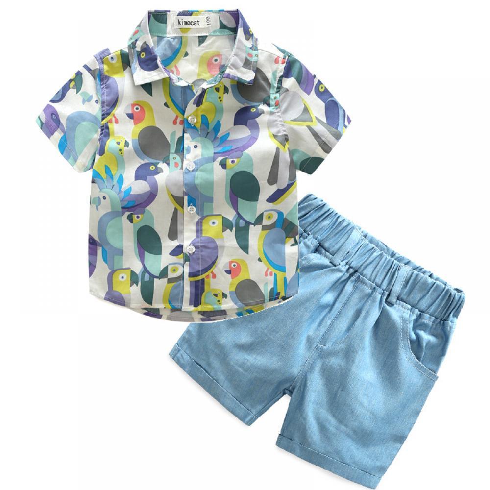 Boys Summer Boys' Bird Print Short Sleeve Round Neck Shirt & Denim Shorts Boy Wholesale Clothing