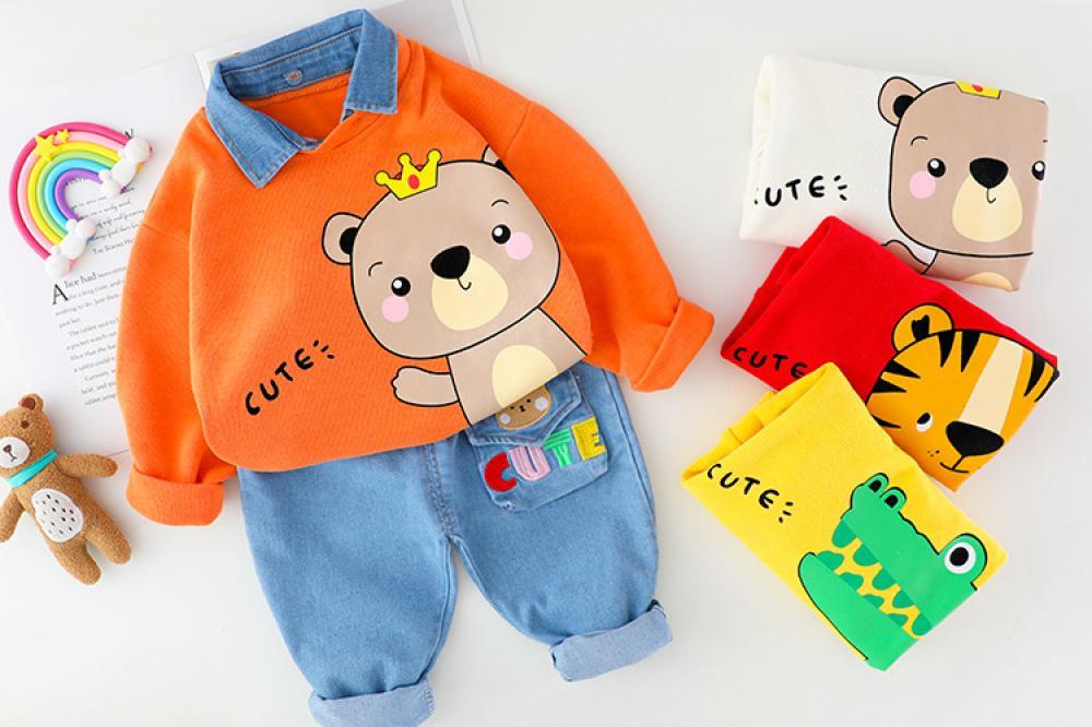 Boys Long Sleeve Cartoon Lapel Hoodie Trousers Set Baby Wholesales