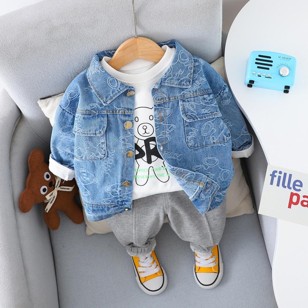 Baby Boys Spring/Autumn Long-sleeve Bear Printed Denim Coat Set Baby Wholesales