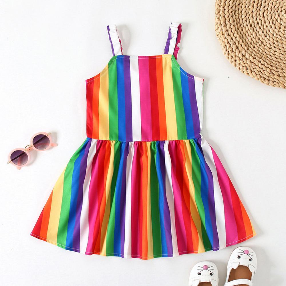Girls Summer Girls' Rainbow Drawstring Sleeveless Dress Wholesale Little Girl Boutique Clothing