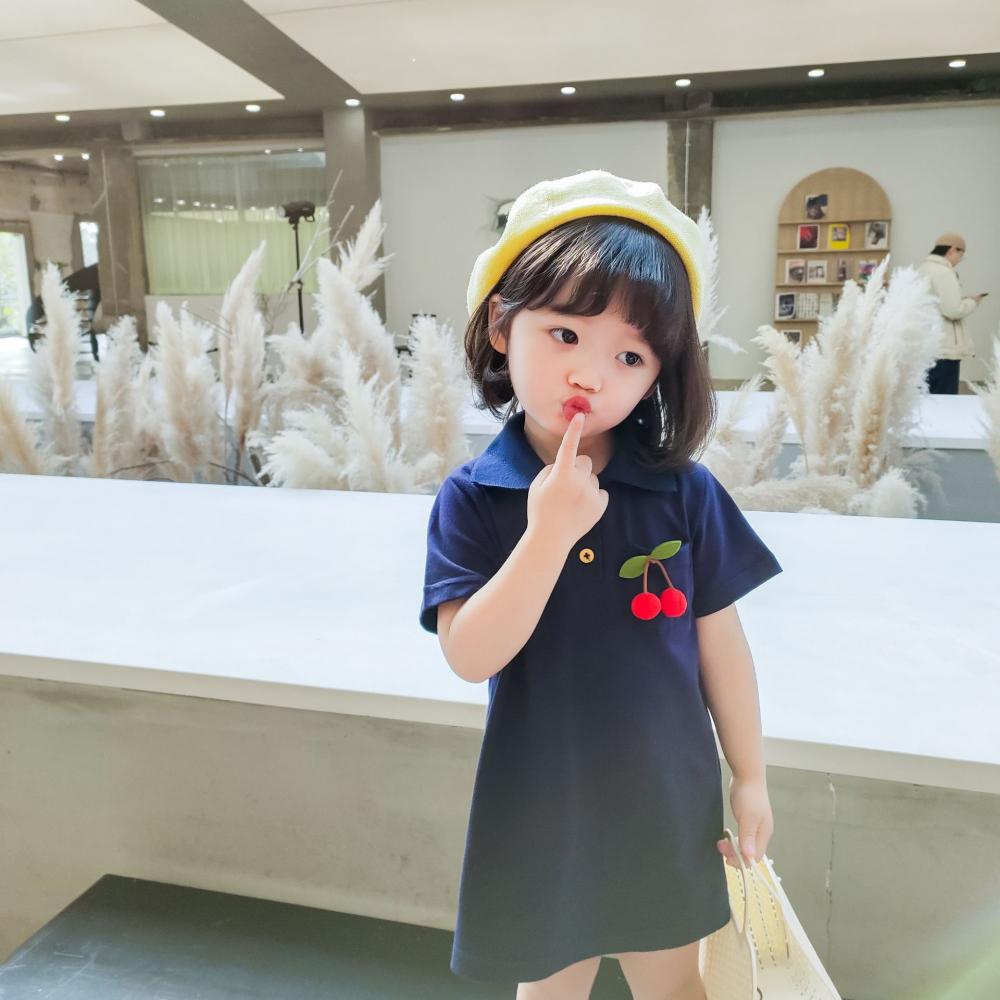 Girls Summer Girls' Cherry Embroidery Solid Short Sleeve Dress Girls Dress Wholesale