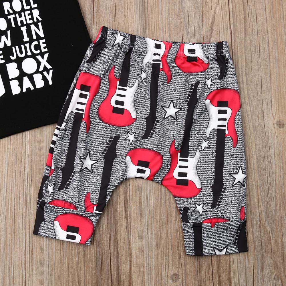 Boys' letter printed Round Neck Short Sleeve T-Shirt & Guitar Printed Pants Wholesale Boy Clothing