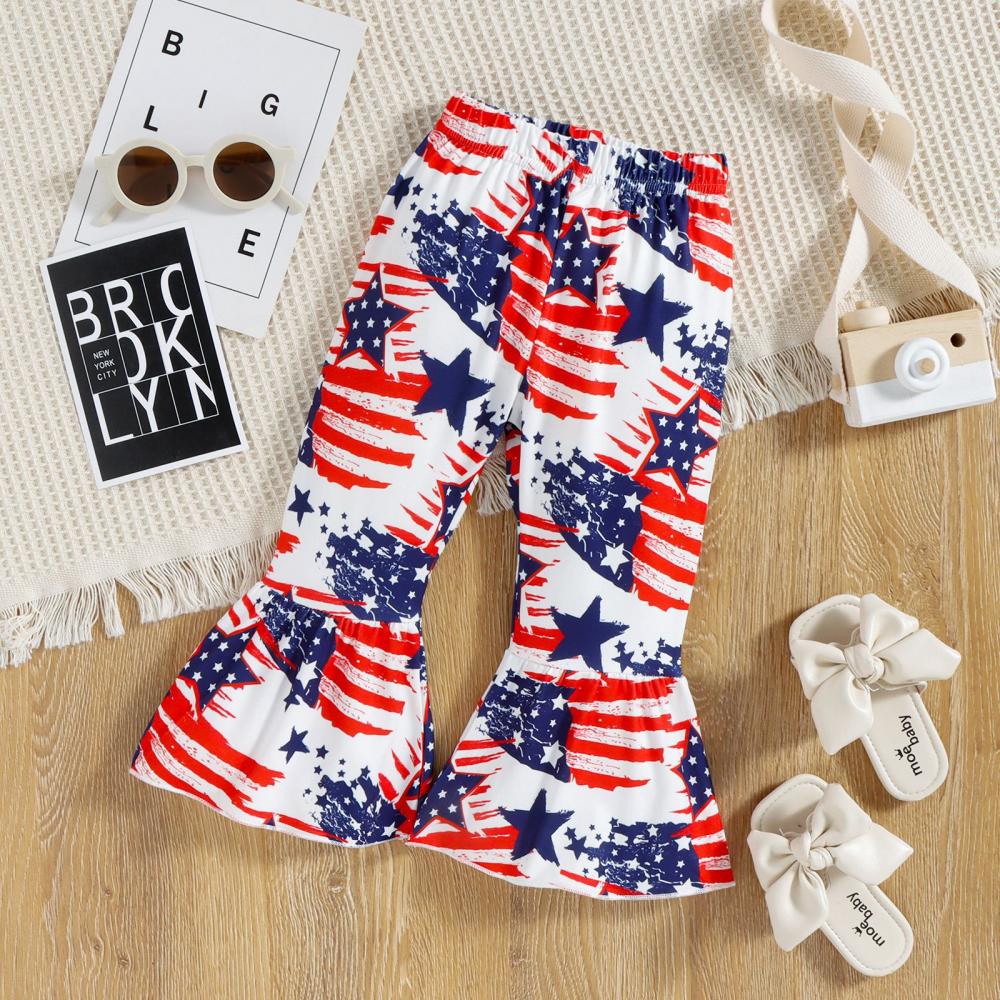 Toddler Girls' Clothing Girls Independence Day Holiday Star Print Short-Sleeved Flared Pants Two-Piece Suit Wholesale Kids Clothing