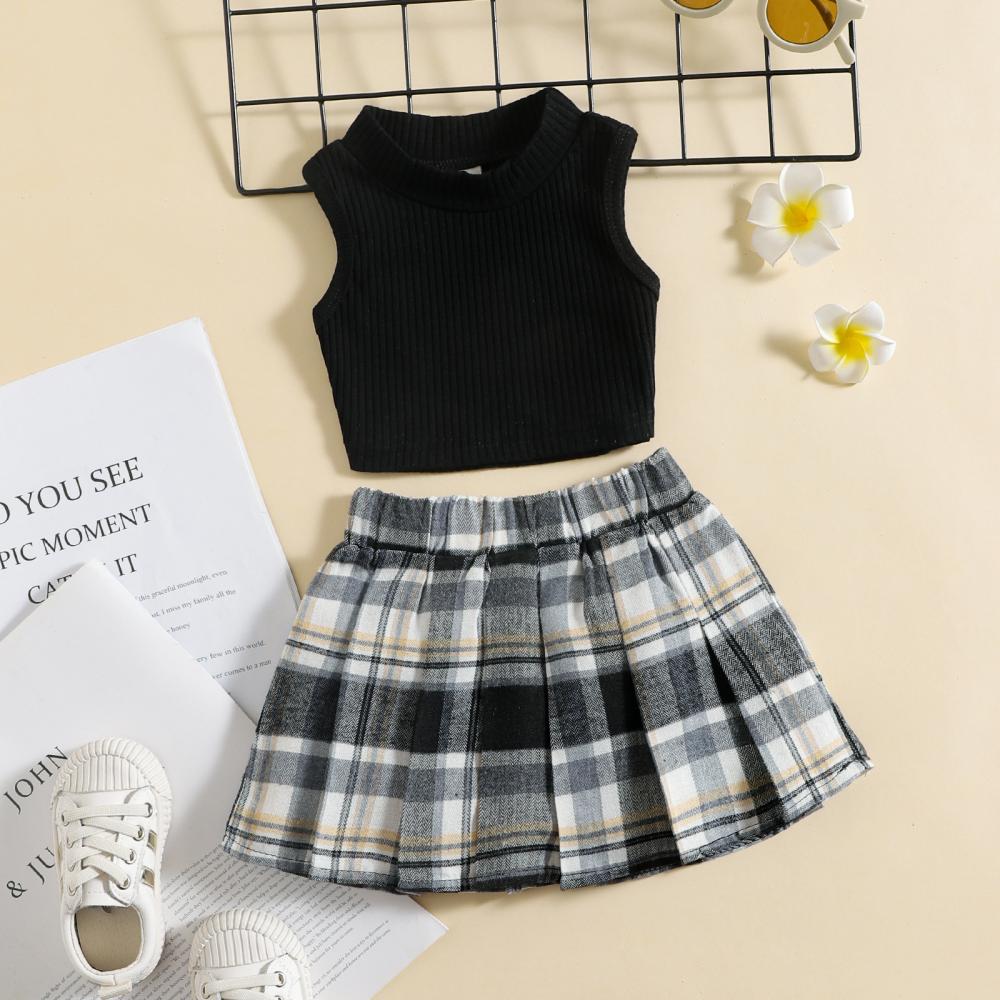 Toddler Girls Children's Clothing 2022 New Solid Color Vest Plaid Skirt Two-Piece Suit Wholesale Kids Clothing