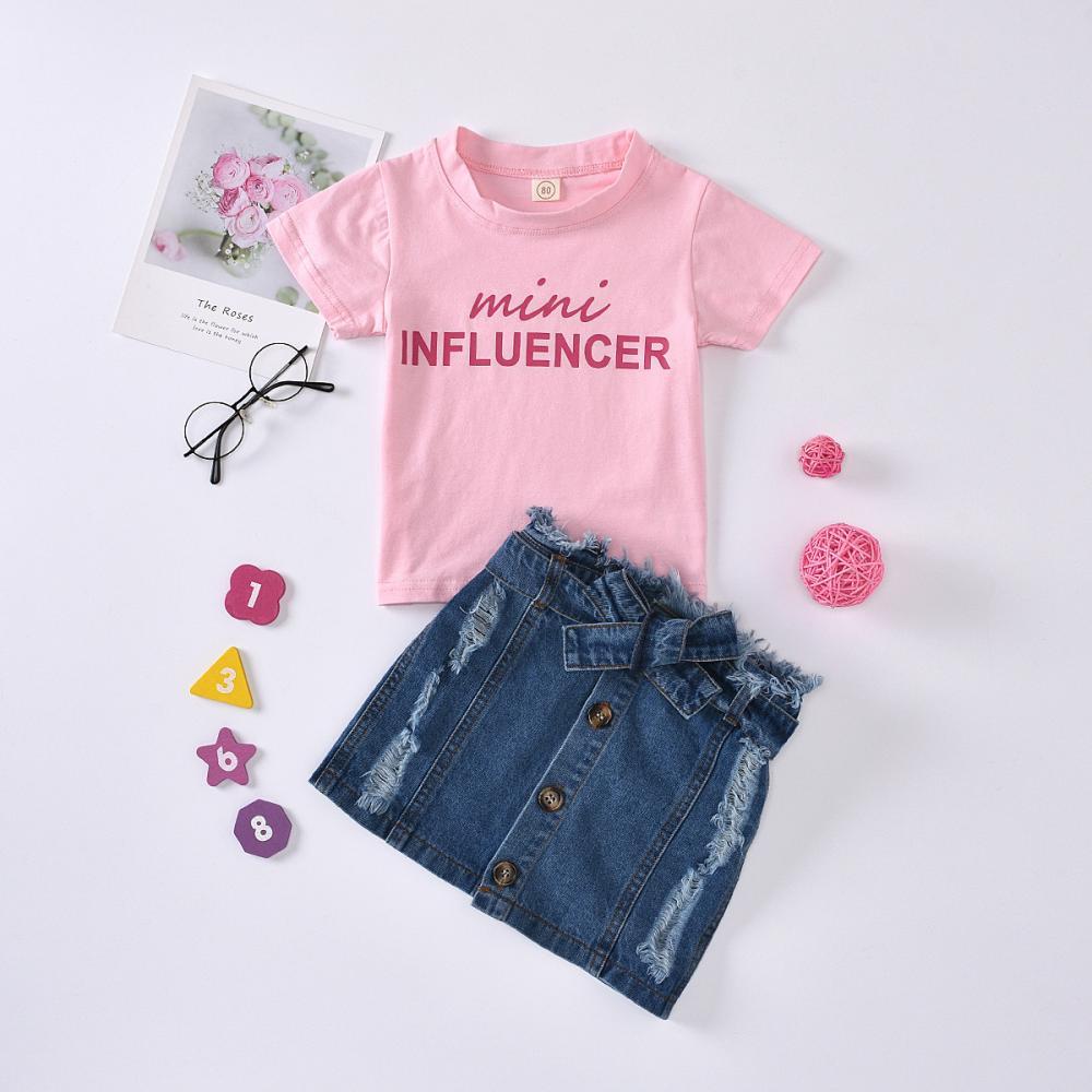 Girls Summer Girls' Letter Printed Round Neck Short Sleeve T-Shirt & Denim Skirt Wholesale Little Girl Boutique Clothing