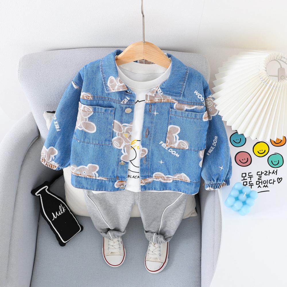 Baby Boys Spring/Autumn Long-sleeve Bear Printed Denim Coat Set Baby Wholesales