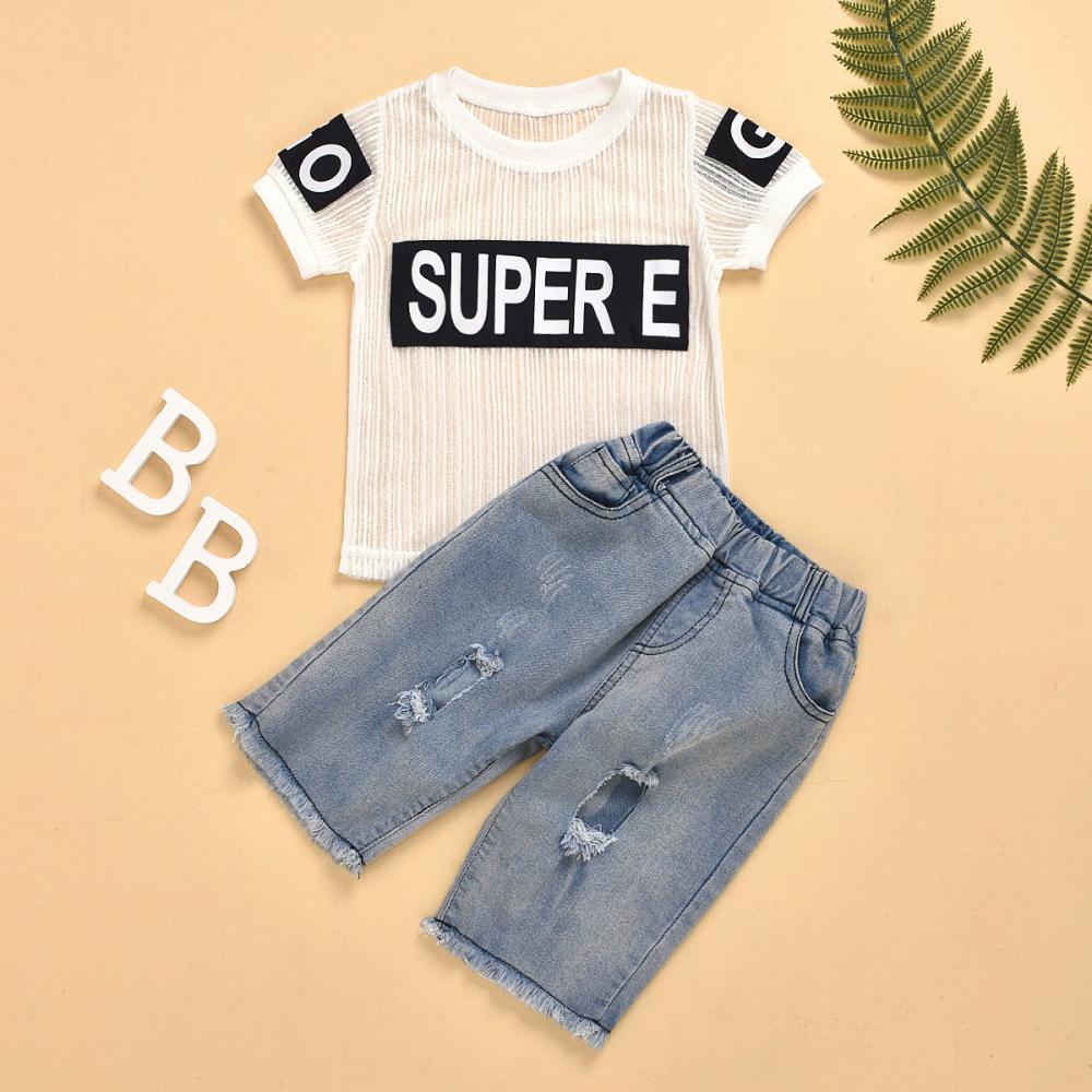 Boys' Letter Printed Round Neck Short Sleeve Top & Perforated Jeans Wholesale Boys Clothing