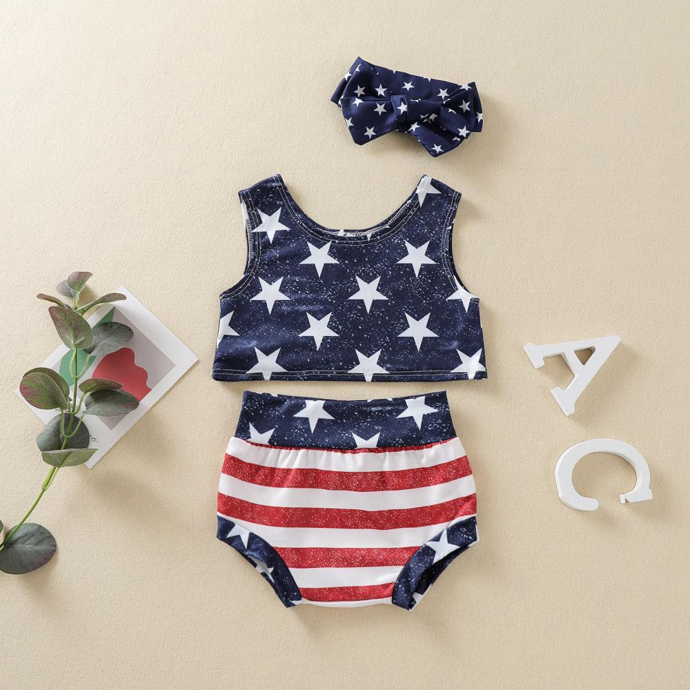 Kids Summer Independence Day Three-Piece Round Neck Sleeveless Tank Top Striped Shorts Set Wholesale Baby Clothes