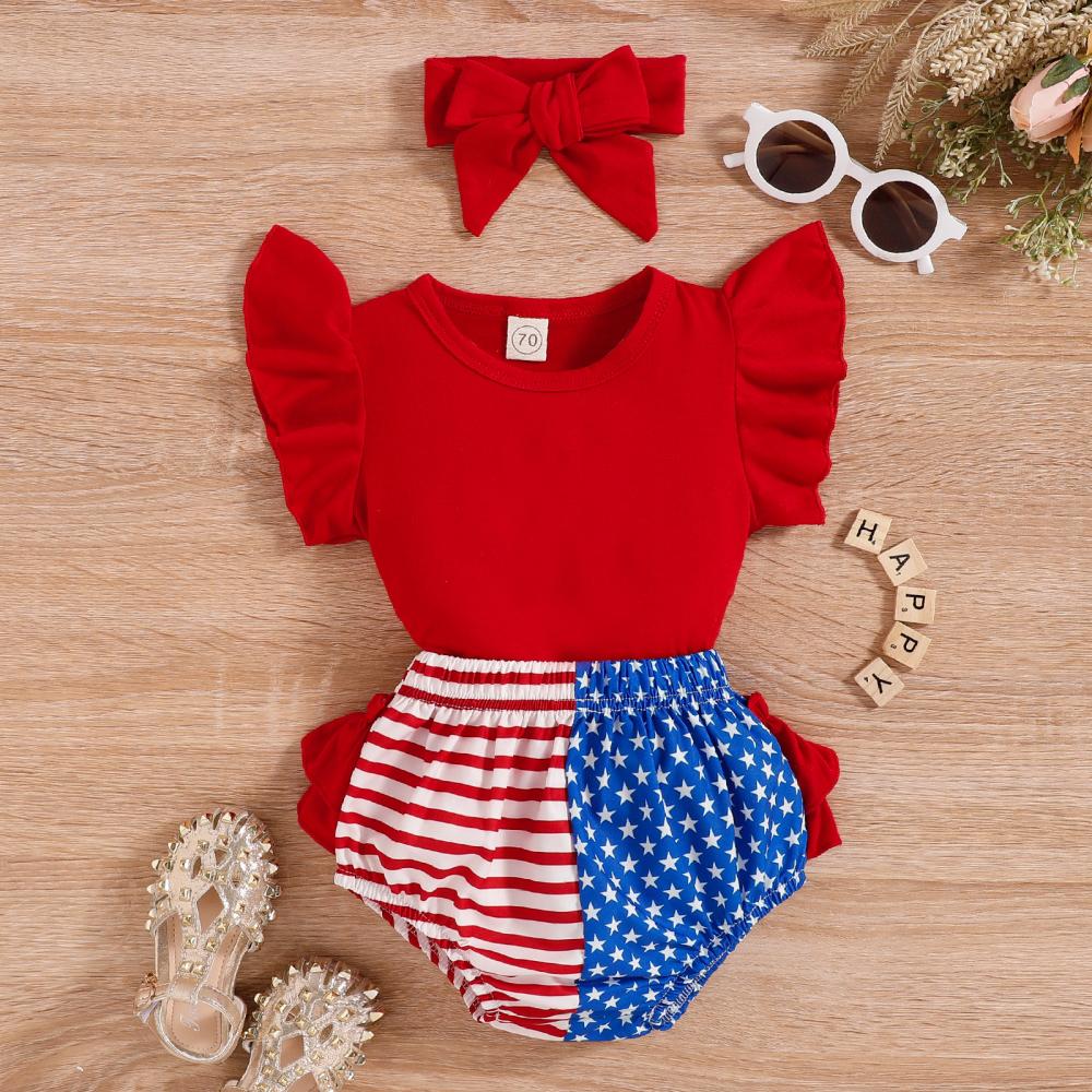 Children's Clothing Cross Ins American Independence Day Holiday Style Flying Sleeve Bag Fart Cool Romper Headband Three-piece Suit Wholesale Baby Clothes