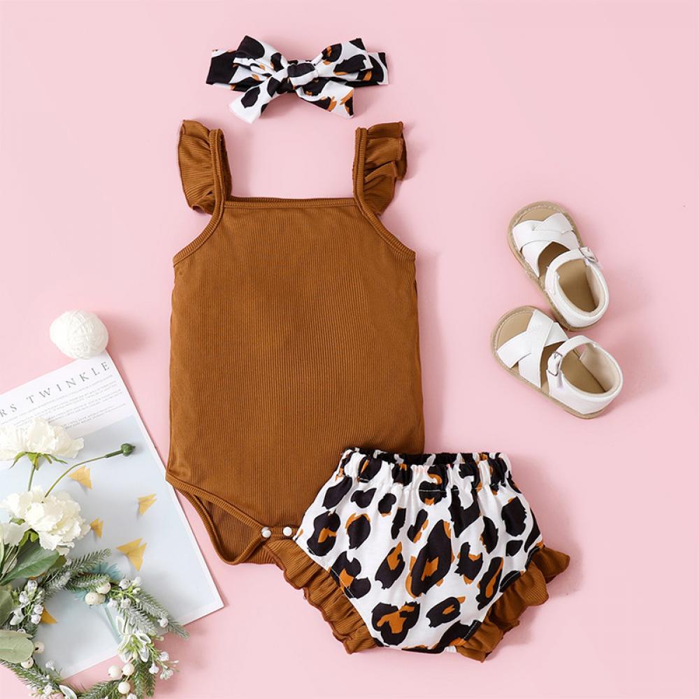 Newborn Baby Girls Summer Solid Brown Fly Sleeve Romper And Leopard Shorts Set Wholesale Baby Clothes In Bulk