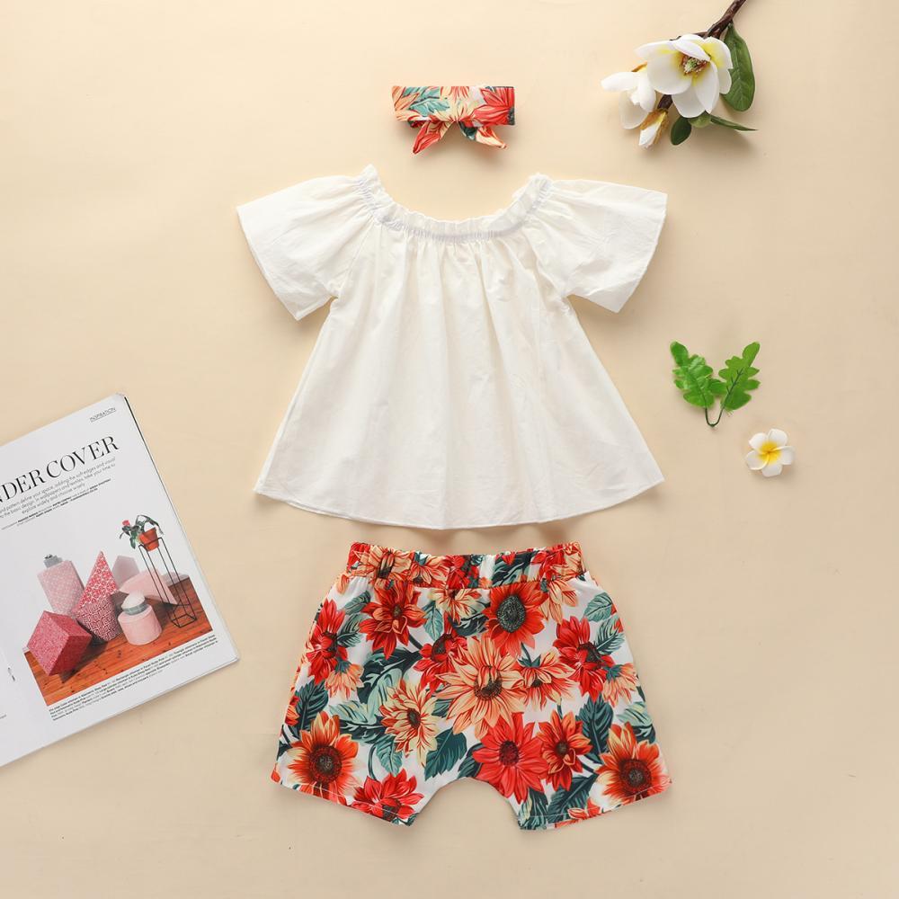 Girls Summer Girls' Sleeveless Solid Top & Floral Print Shorts & Headscarf Wholesale Girl Clothing