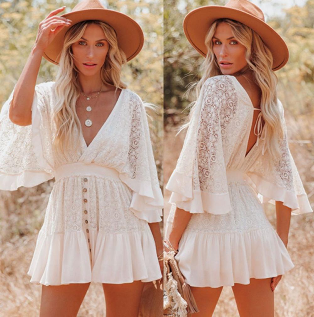 Summer Women's Lace Mosaic Bat Sleeve Solid White Dress Baby Girl Boutique Clothing Wholesale