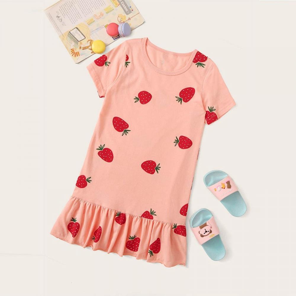 Girls' Strawberry Print Round Neck Short Sleeve Dress Wholesale Girl Clothing