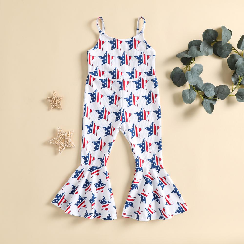 Toddler Girls Summer New Independence Day Simple Fashionable Comfortable Star Print Jumpsuit Girls One-piece Flared Pants Wholesale Kids Clothing
